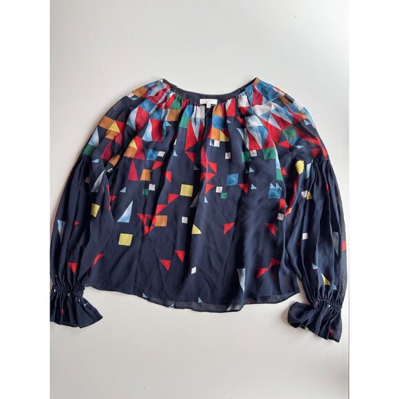 JOIE Burella Navy Geometric Print 100% Silk Georgette Ruffle Blouse, Size S - Picture 6 of 14